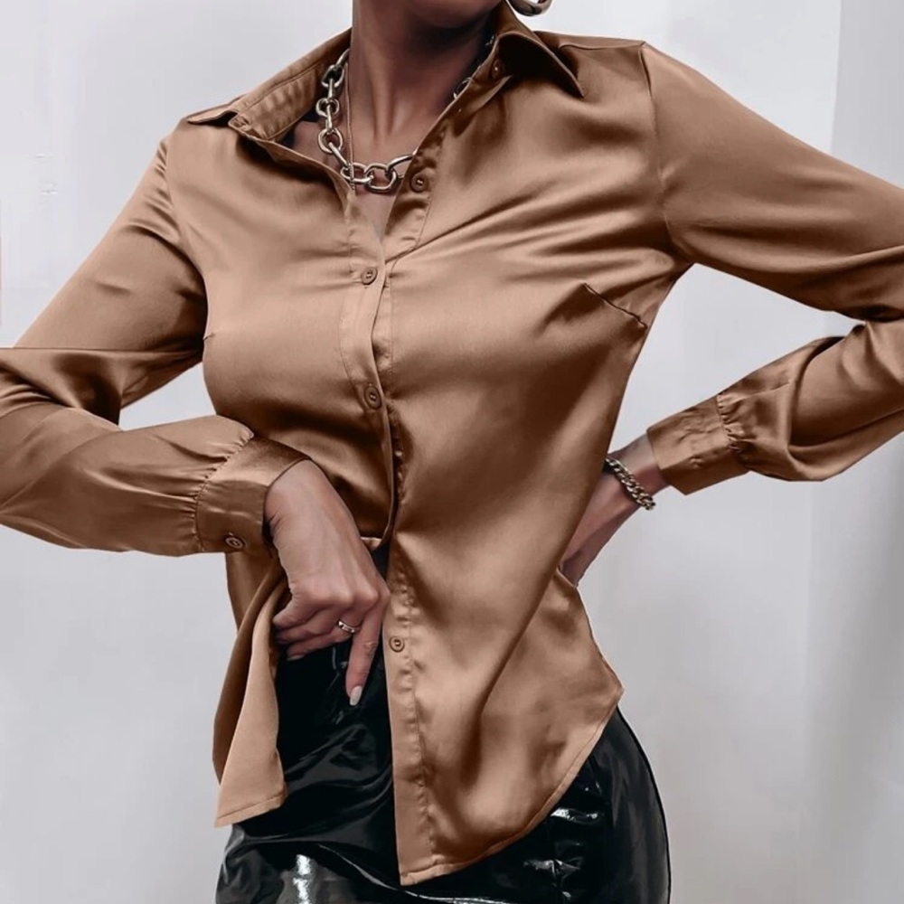 Satin silky button up down shirt sexy business professional casual holiday - Picture 2 of 15